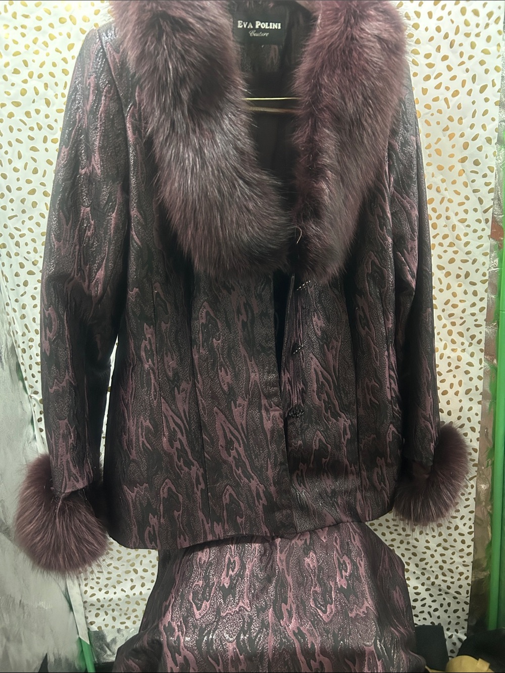 Plum Textured Skirt and Jacket with Faux-Fur Trim